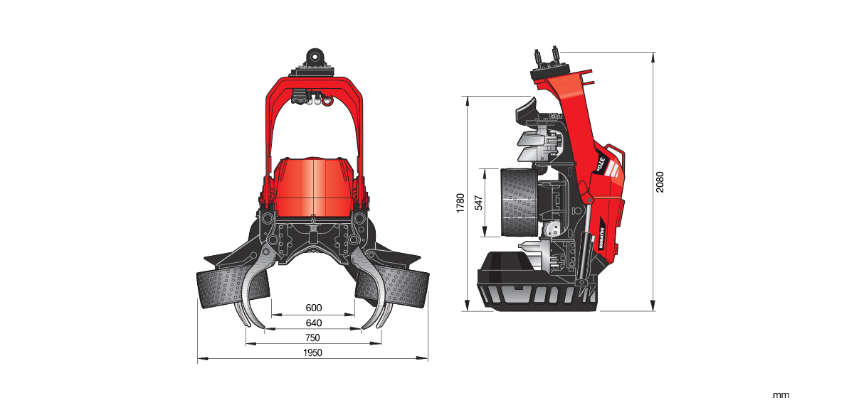 Komatsu 370E harvester head dimensions