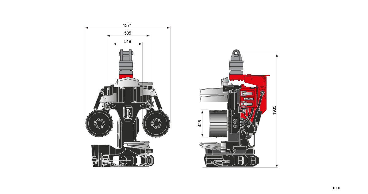 Komatsu S92 harvester head dimensions